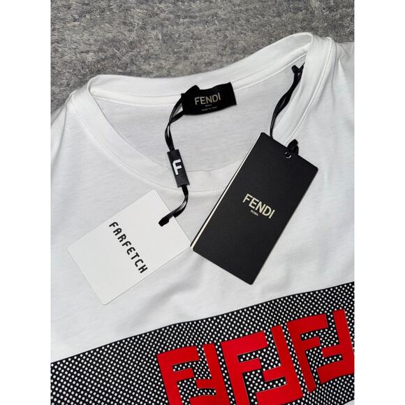 Fendi White Black Mesh Stripe Red FF Logo Short Sleeve Cotton T-Shirt Medium M - Picture 7 of 16